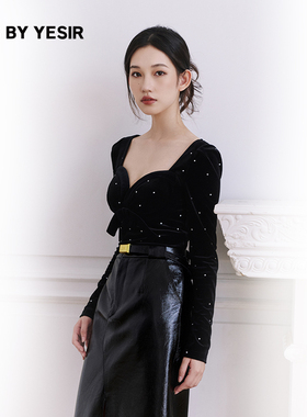 YES BY YESIR叶谦原创设计秋新款摩卡丝绒烫钻立裁蝴蝶结上衣