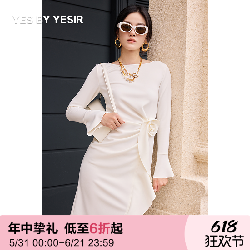 李一桐同款YES BY YESIR叶谦原创立体花朵摇曳之花长袖连衣裙