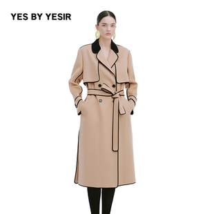 YESIR叶谦原创设计女卡其色双面呢长款 大衣外套 YES 陈乔恩同款