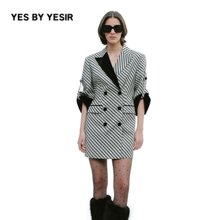 黑绿条纹拼接西服连衣裙 YESIR叶谦原创设计师2025年秋新款 YES