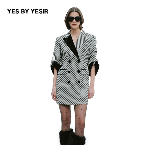 YESBYYESIR黑绿条纹西服连衣裙