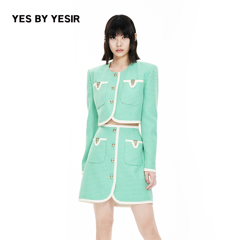 YESBYYESIR绿白格Y心思外套