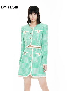 YES BY YESIR叶谦原创设计24春新款女南法绿白格Y心思外套短裙