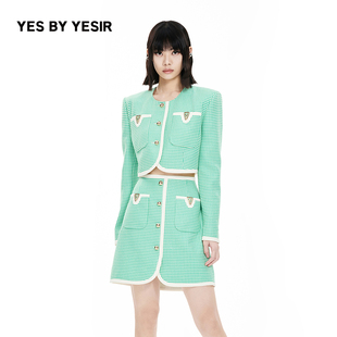 女南法绿白格Y心思外套短裙 YESIR叶谦原创设计24春新款 YES