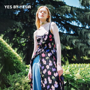 YES BY YESIR谦原创设计师夏新款女真丝花卉印花吊带连衣裙