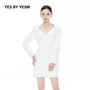 YES BY YESIR叶谦原创设计师春新款女白蔷薇静奢翻领连衣裙