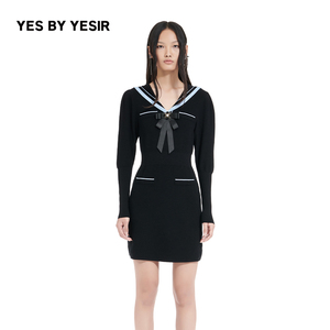 YES BY YESIR叶谦原创设计师春新品水手学院刺绣针织连衣裙