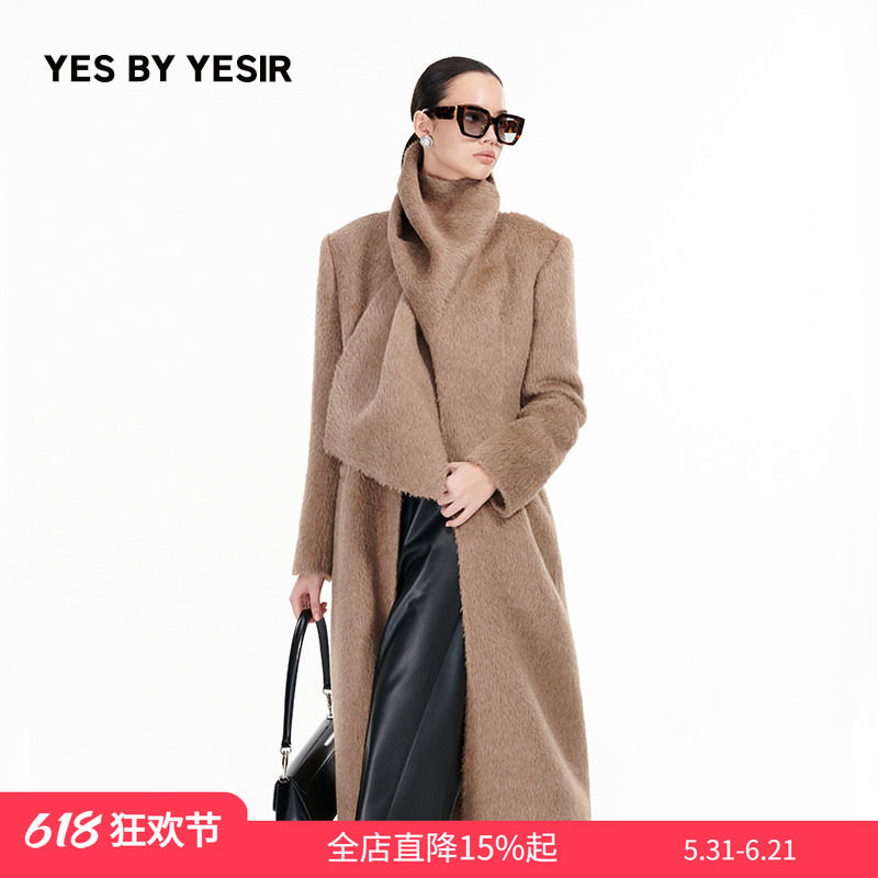YES BY YESIR叶谦原创设计冬新款羊驼毛高智披肩长毛呢大衣外套