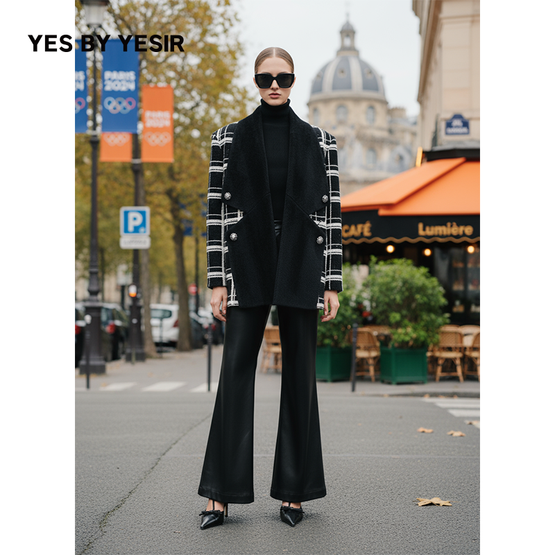 格纹世家解构毛呢短大衣