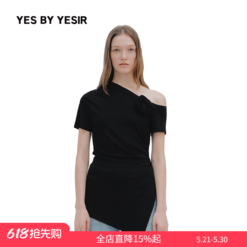 YES BY YESIR叶谦原创设计师2026年春夏新款阿曼塔玫瑰盘花T恤