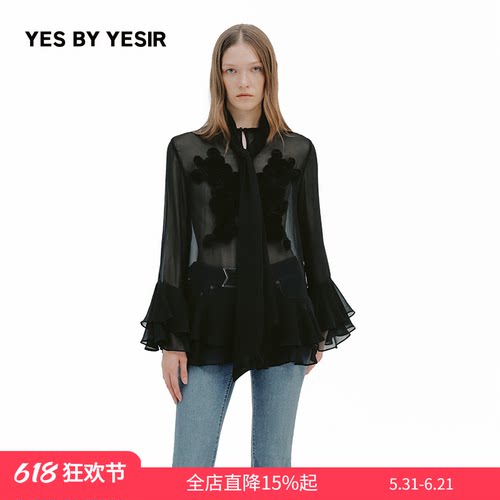 设计师繁花半透飘带衬衫