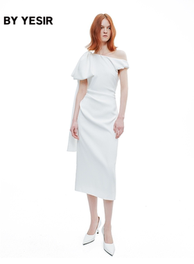 吴昕&胡静同款YES BY YESIR叶谦原创设计25斜肩飘带蝴蝶结连衣裙