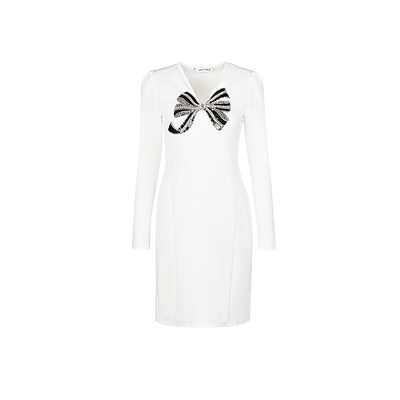 白色弹力镶钻蝴蝶结修身连衣裙