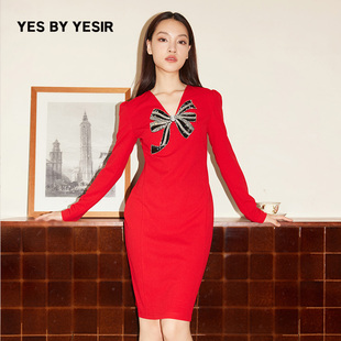 弹力红色镶钻蝴蝶结修身 YESIR叶谦原创秋新款 连衣裙 YES