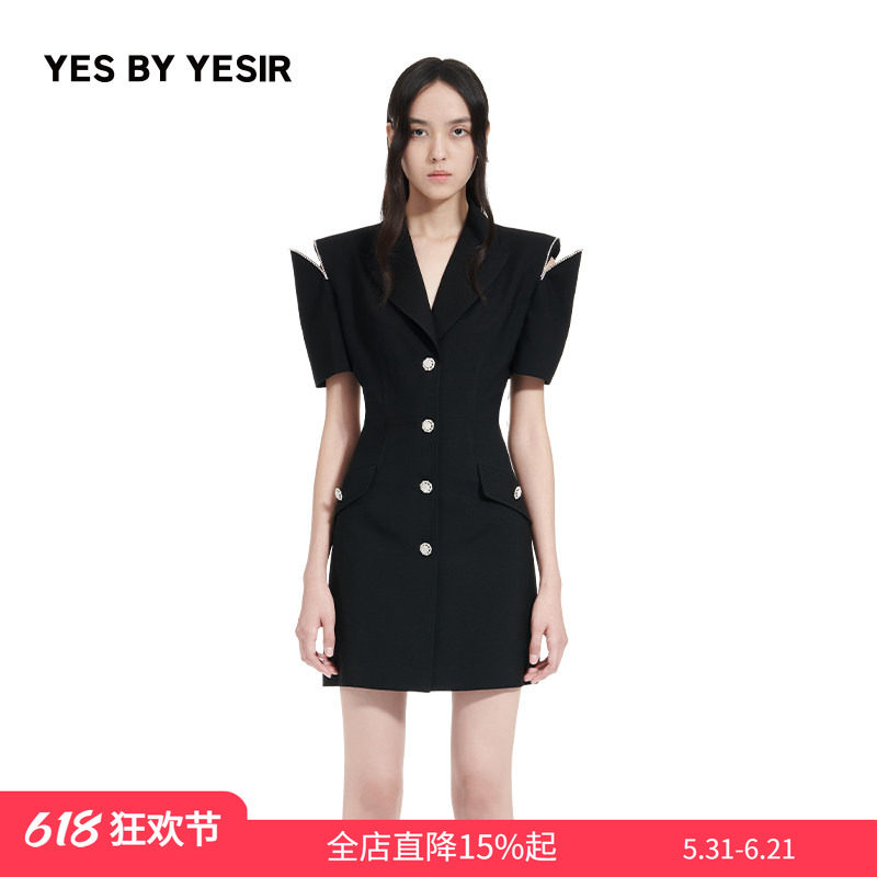 YES BY YESIR叶谦原创设计师春裙子月形镂空裙子西装连衣裙