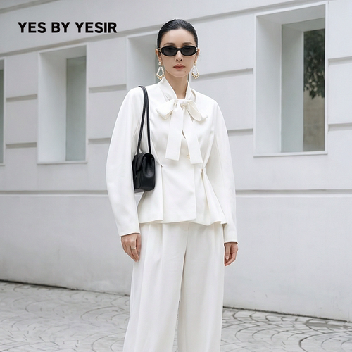 设计师弯刀袖飘带收腰西服