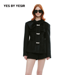 YES BY YESIR叶谦原创设计25冬新款羊驼毛锁扣围裹领骑士毛呢外套