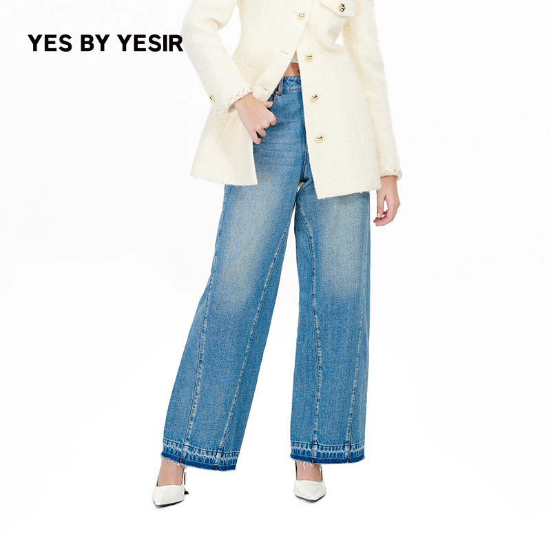 YES BY YESIR叶谦原创设计秋新款复古加绒水洗阔腿牛仔裤