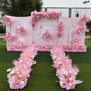 粉色婚庆花艺婚礼t台舞台迎宾区装饰地排花点花路引花球角花花