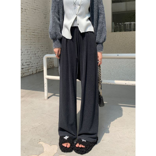 胖mm糯米休闲慵懒拖地长裤 高腰显瘦垂感大码 子 女秋季 黑灰色阔腿裤