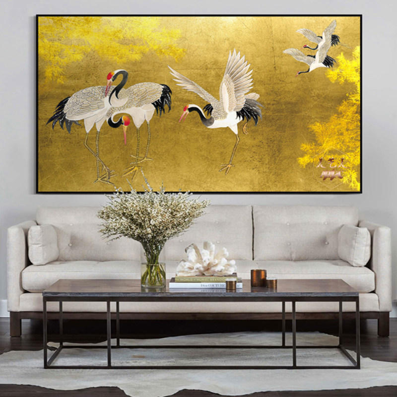 新中式工笔画背景酒墙手绘别墅客厅中国风茶室贵族抽象金箔鹤包邮