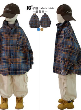 啦芙莱童装2025冬季新款男童加厚格子衬衫儿童夹棉上衣外套潮2909