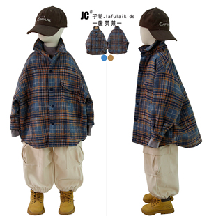啦芙莱童装2025冬季新款男童加厚格子衬衫儿童夹棉上衣外套潮2909