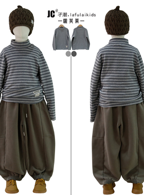 啦芙莱童装2025冬新款儿童半高领条纹打底衫内搭男女长袖T恤8068