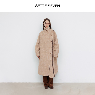 SETTE SEVEN·斜襟羊毛大衣女秋冬季新款极简高级感长款毛呢外套
