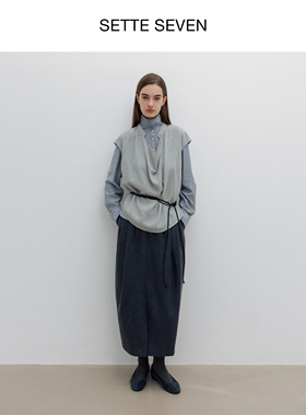 SETTE SEVEN·【当当同款】收褶羊毛立体显瘦开叉设计毛呢半身裙