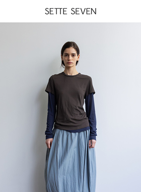 SETTE SEVEN·假两件撞色木耳边修身型T恤