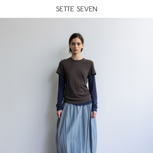 SETTE 型T恤 SEVEN·假两件撞色木耳边修身