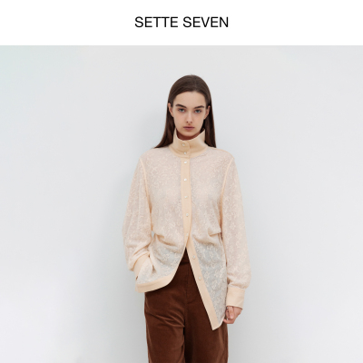 SETTE SEVEN·立领提花蝙蝠袖衬衫女秋冬两面穿设计针织长袖上衣