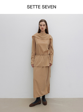 SETTE SEVEN·披肩领羊毛系带收腰针织上衣不规则搭片半裙套装女