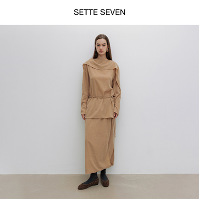 SETTE SEVEN·披肩领羊毛系带收腰针织上衣不规则搭片半裙套装女
