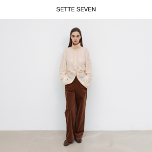 SETTE SEVEN·设计感弹力灯芯绒休闲裤女秋冬新款橡筋腰直筒长裤