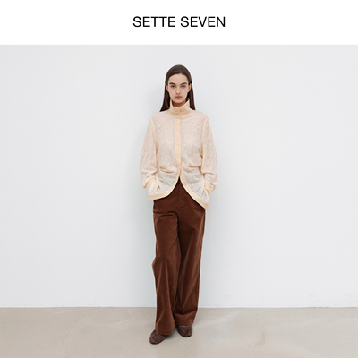SETTE SEVEN·设计感弹力灯芯绒休闲裤女秋冬新款橡筋腰直筒长裤