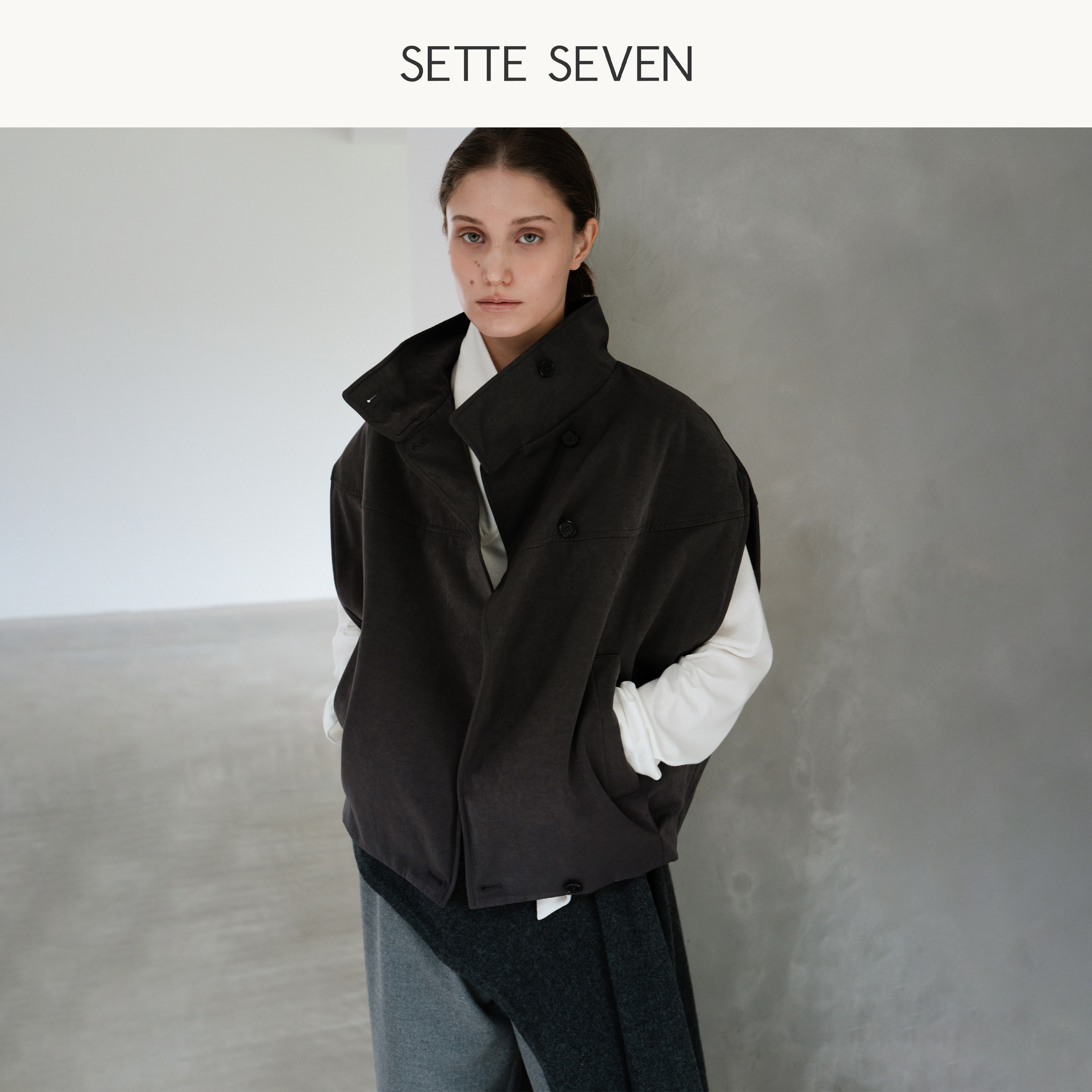 SETTE SEVEN立领斗篷马甲女冬季落肩宽松单排扣外搭马夹无袖外套