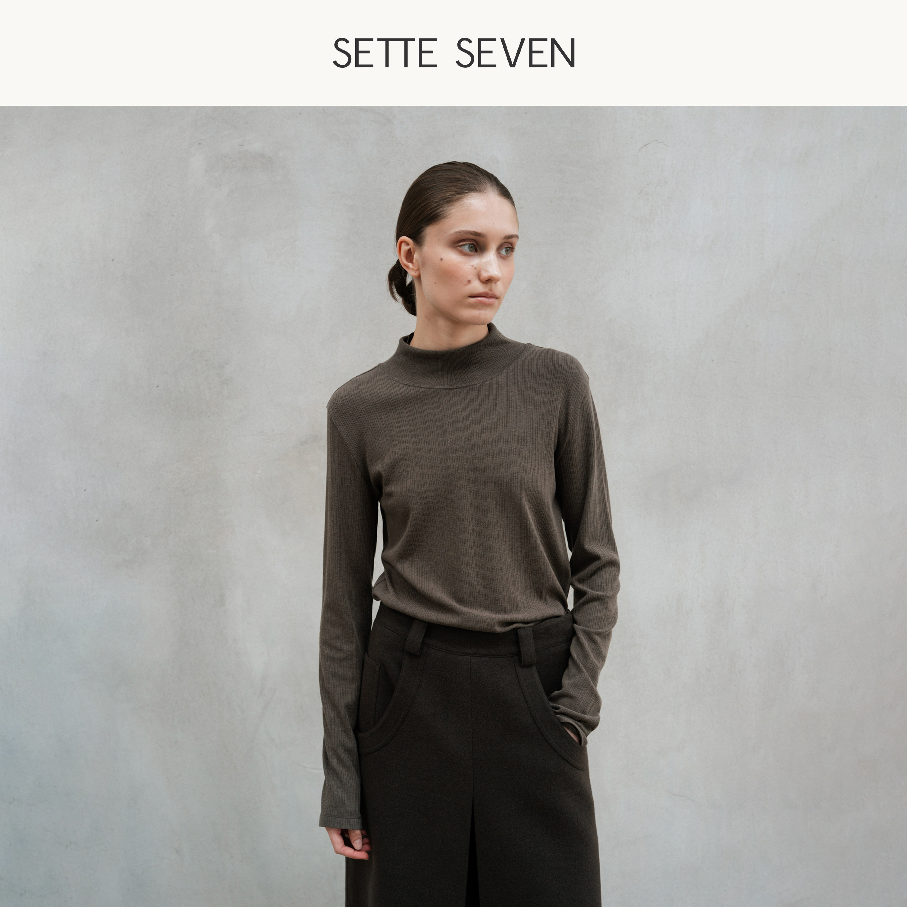 SETTE SEVEN软糯半高领打底针织衫女坑条肌理修身长袖简约百搭T恤