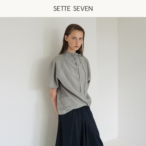 SETTE SEVEN【明星同款】荡领短袖上衣女2026秋季新款荡领气质T恤