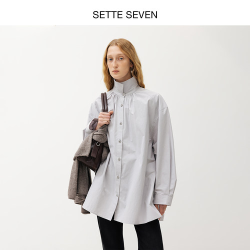 SETTE SEVEN法式复古荷叶边底摆衬衫女翻领掐褶侧开叉休闲上衣夏