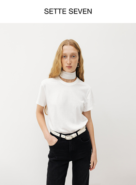 SETTE SEVEN·可拆卸围巾领宽松T恤女2025秋季新款设计感短袖上衣