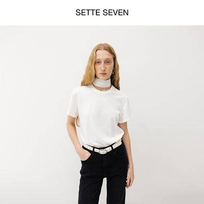 SETTE SEVEN·可拆卸围巾领宽松T恤女2025秋季新款设计感短袖上衣
