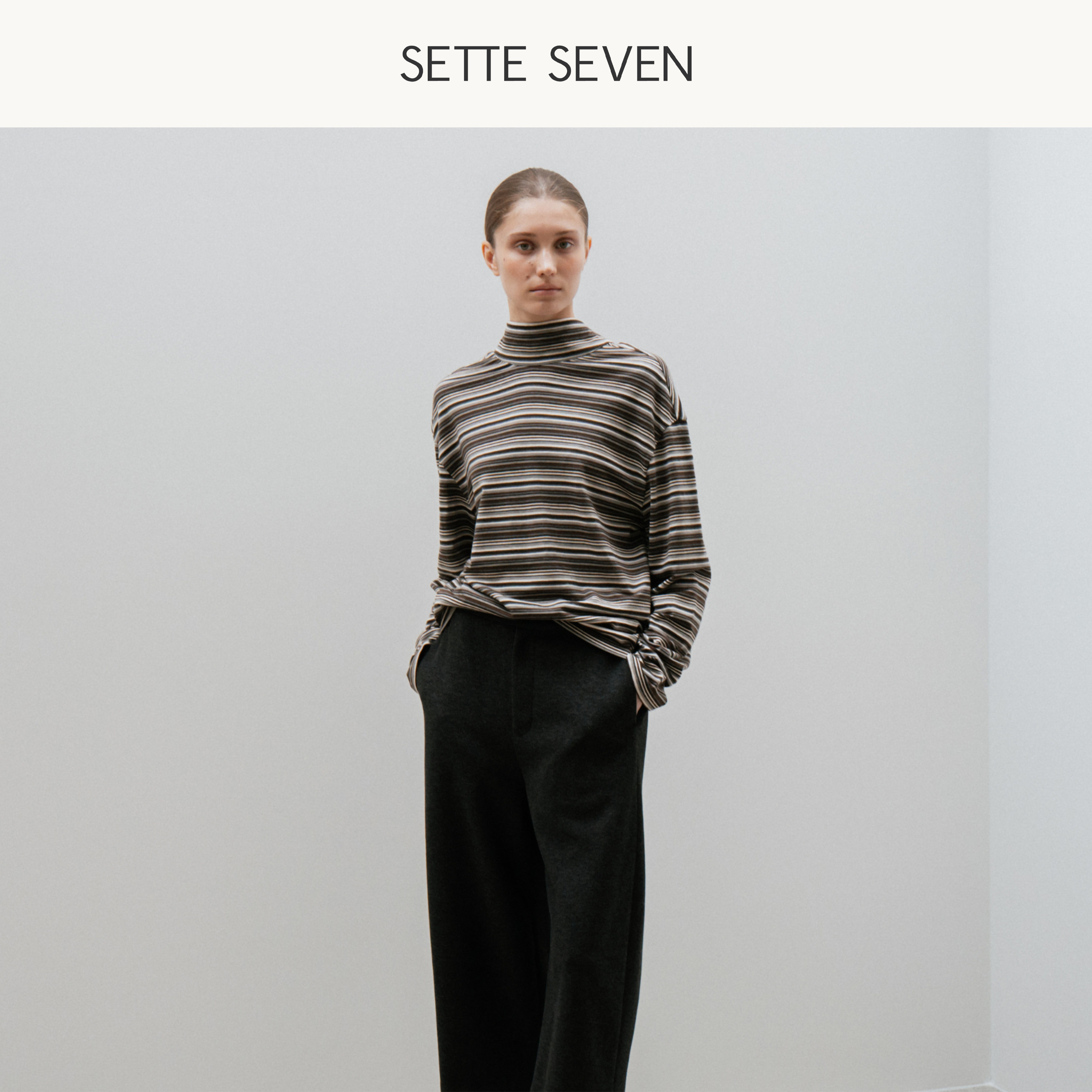 SETTE SEVEN条纹高领打底衫女秋冬款后绑带设计感长袖针织T恤上衣