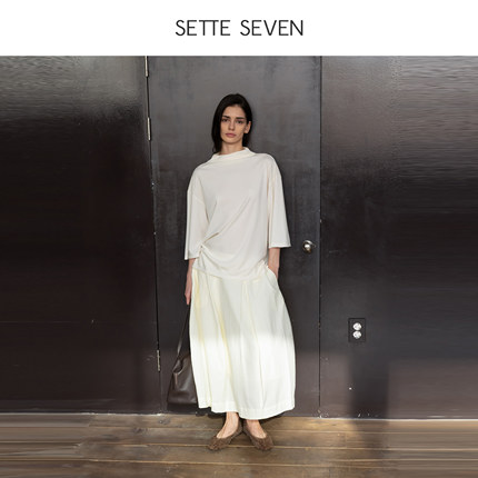 SETTE SEVEN肌理感褶皱设计花苞裙夏弹力腰大裙摆显瘦棉半身裙女