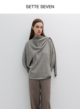 SETTE SEVEN·高级感灰色毛呢外套女秋冬新款不对称披肩设计上衣