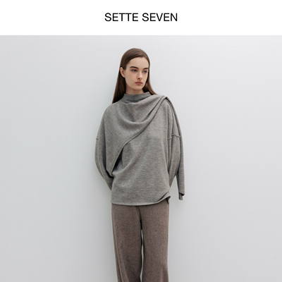 SETTE SEVEN·高级感灰色毛呢外套女秋冬新款不对称披肩设计上衣