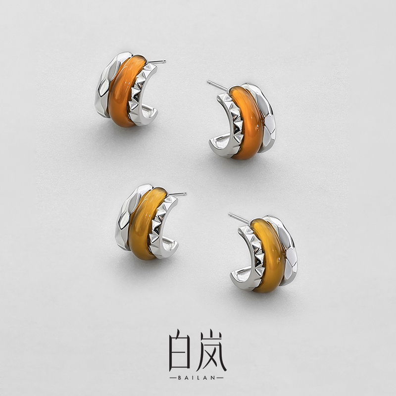 白岚三拼玛瑙耳钉925银