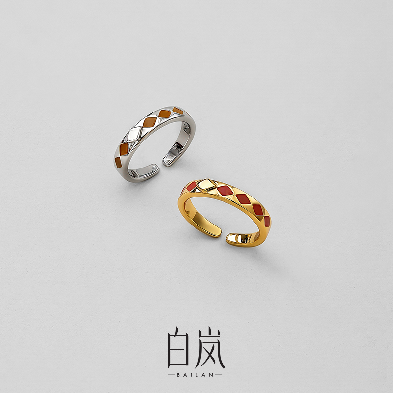 【双11上新】白岚菱格珐琅戒指925银女轻奢高级感饰品配饰QL4353