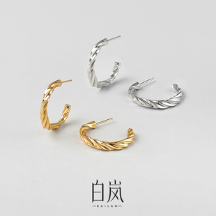 白岚麻花耳环女925银耳钉时尚 素圈耳圈小众设计高级感耳饰ED1992